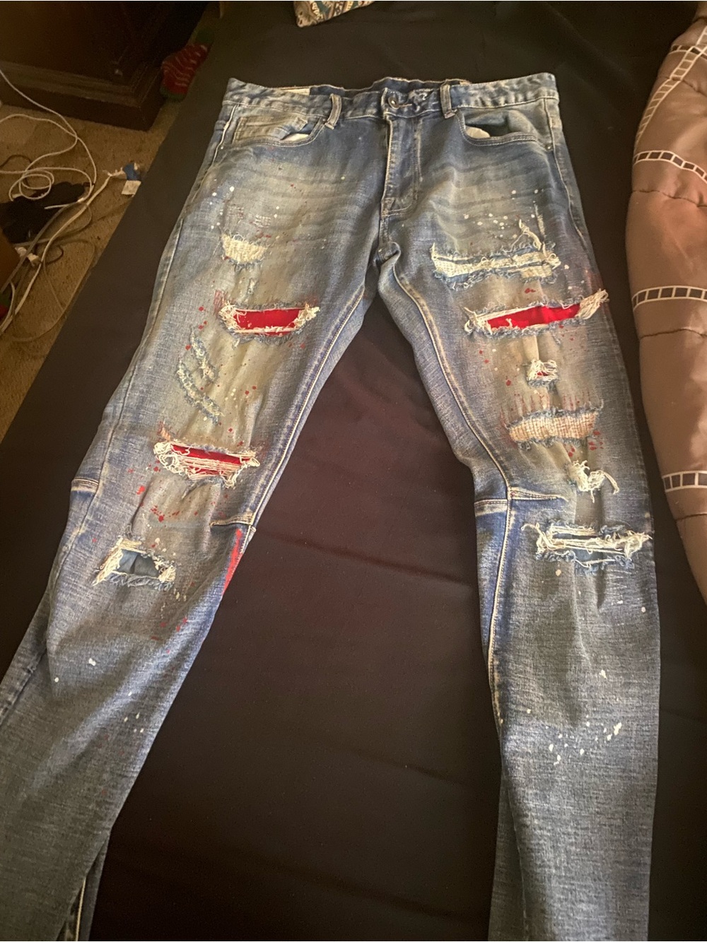 Smoke RiseMen's Skinny Distressed Blue Jeans with Red Underlay size 34